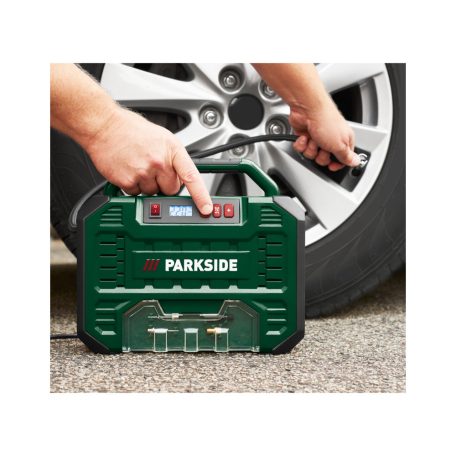 ParkSide PMK 150 A1 autós / hálózati 12V / 230V 150W 1 bar digitális, olajmentes hordozható kompresszor, táskakompresszor, mobil táska kompresszor