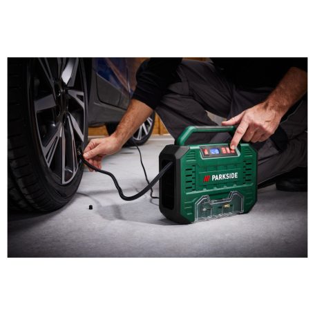 ParkSide PMK 150 A1 autós / hálózati 12V / 230V 150W 1 bar digitális, olajmentes hordozható kompresszor, táskakompresszor, mobil táska kompresszor