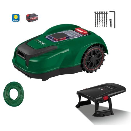 ParkSide PMRDA 20-Li B2 GARAGE set SMART robotfűnyíró garázzsal, 20V 4Ah akkumulátoros (akkus) automata Bluetooth fűnyíró robot, 22 cm, 70 perc / 1000 m2