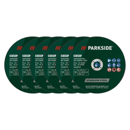 ParkSide 12 darabos 180 mm vágókorong készlet PMTS 180 A1 / B2 fémdarabolóhoz nemesacél, acél, színesfém, öntvény és vasprofilok vágásához