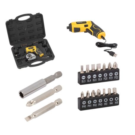 PowerPlus POWX00408 mini 3.6V 1500 mAh 5.5 Nm akkus multifunkciós csavarozó cserélhető fejekkel (excenter-, sarok-, vágófej) + 16 bittel, kofferben