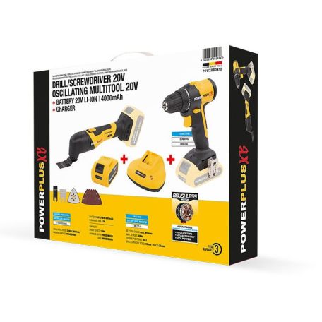 PowerPlus POWXBBOX10 20V 4Ah Brushless akkus szerszámkészlet: POWXB10010 fúrógép, behajtó + POWXB40010 multifunkciós szerszámgép