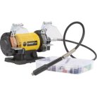 PowerPlus POWX1280 elektromos 120W duplacsiszoló, duplatárcsás csiszológép 103 kiegészítővel, rugalmas tengellyel, csiszoló és polírozó koronggal,  flexibilis köszörű szárral