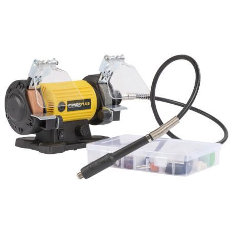 PowerPlus POWX1280 elektromos 120W duplacsiszoló, duplatárcsás csiszológép 103 kiegészítővel, rugalmas tengellyel, csiszoló és polírozó koronggal,  flexibilis köszörű szárral