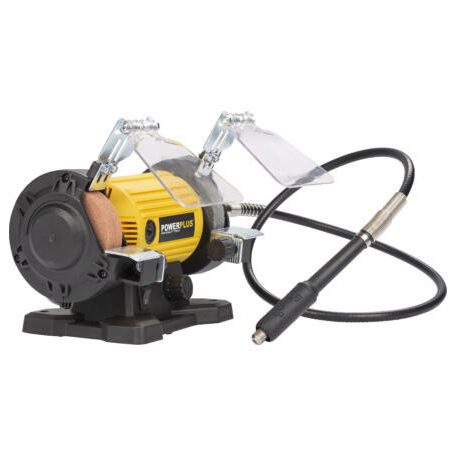 PowerPlus POWX1280 elektromos 120W duplacsiszoló, duplatárcsás csiszológép 103 kiegészítővel, rugalmas tengellyel, csiszoló és polírozó koronggal,  flexibilis köszörű szárral