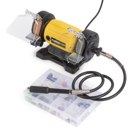 PowerPlus POWX1280 elektromos 120W duplacsiszoló, duplatárcsás csiszológép 103 kiegészítővel, rugalmas tengellyel, csiszoló és polírozó koronggal,  flexibilis köszörű szárral