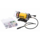 PowerPlus POWX1280 elektromos 120W duplacsiszoló, duplatárcsás csiszológép 103 kiegészítővel, rugalmas tengellyel, csiszoló és polírozó koronggal,  flexibilis köszörű szárral