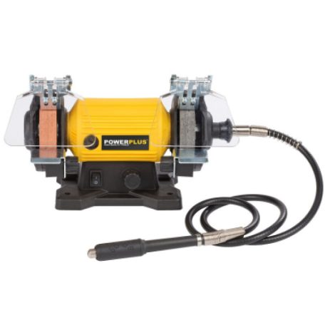 PowerPlus POWX1280 elektromos 120W duplacsiszoló, duplatárcsás csiszológép 103 kiegészítővel, rugalmas tengellyel, csiszoló és polírozó koronggal,  flexibilis köszörű szárral