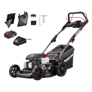   ParkSide Performance PPBRM 46 B2 négyütemű 144 cm3 önjáró, önindítós 3.4 LE (2.5 kW) benzinmotoros fűnyíró 46 cm vágásszélességgel, benzines fűnyírógép berántóval és 20V akkus indítómotorral (495966)