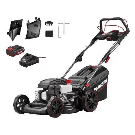 ParkSide Performance PPBRM 46 B2 négyütemű 144 cm3 önjáró, önindítós 3.4 LE (2.5 kW) benzinmotoros fűnyíró 46 cm vágásszélességgel, benzines fűnyírógép berántóval és 20V akkus indítómotorral (495966)