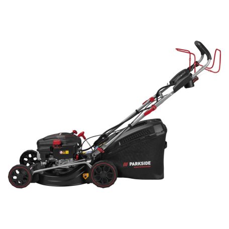 ParkSide Performance PPBRM 46 A1 négyütemű 150 cm3 önjáró, önindítós 3.5 LE benzinmotoros fűnyíró 46 cm vágásszélességgel, 2.6 kW 3.5 PS benzines fűnyírógép berántóval és 20V akkus indítómotorral