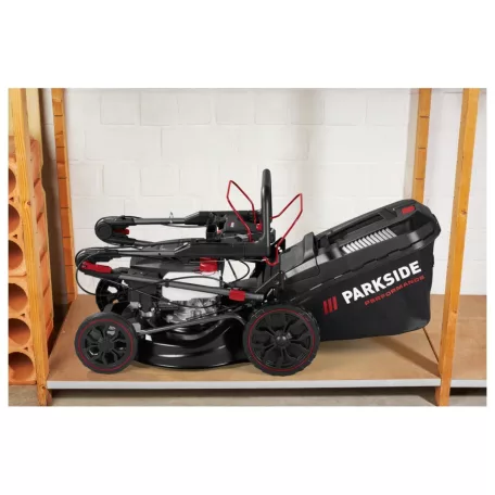 ParkSide Performance PPBRM 46 B2 négyütemű 144 cm3 önjáró, önindítós 3.4 LE (2.5 kW) benzinmotoros fűnyíró 46 cm vágásszélességgel, benzines fűnyírógép berántóval és 20V akkus indítómotorral (495966)