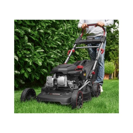 ParkSide Performance PPBRM 46 A1 négyütemű 150 cm3 önjáró, önindítós 3.5 LE benzinmotoros fűnyíró 46 cm vágásszélességgel, 2.6 kW 3.5 PS benzines fűnyírógép berántóval és 20V akkus indítómotorral