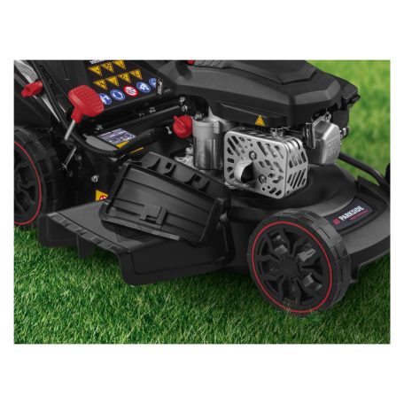 ParkSide Performance PPBRM 46 A1 négyütemű 150 cm3 önjáró, önindítós 3.5 LE benzinmotoros fűnyíró 46 cm vágásszélességgel, 2.6 kW 3.5 PS benzines fűnyírógép berántóval és 20V akkus indítómotorral