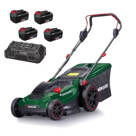 ParkSide PRMA 40-Li C1 / D2 / E3 D-SMART-4X4 X20V 4 db PAP 204 A1 20V 4Ah Li-ion dupla akkus, 40 cm vezeték nélküli, fűgyűjtős, 40V akkumulátoros fűnyíró dupla akkutöltővel