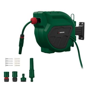   ParkSide PSA 2025 A1 20m 4 bar fali automata tömlődob, falra szerelhető tömlőtároló, tömlődoboz 20 méter 1/2" locsolótömlővel és szórófejjel 