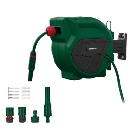 ParkSide PSA 2025 A1 20m 4 bar fali automata tömlődob, falra szerelhető tömlőtároló, tömlődoboz 20 méter 1/2" locsolótömlővel és szórófejjel 