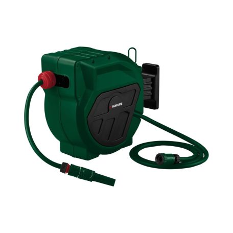 ParkSide PSA 2025 A1 20m 4 bar fali automata tömlődob, falra szerelhető tömlőtároló, tömlődoboz 20 méter 1/2" locsolótömlővel és szórófejjel 