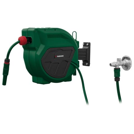 ParkSide PSA 2025 A1 20m 4 bar fali automata tömlődob, falra szerelhető tömlőtároló, tömlődoboz 20 méter 1/2" locsolótömlővel és szórófejjel 