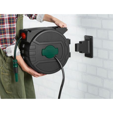 ParkSide PSA 25 C1 25m 4 bar fali automata tömlődob, falra szerelhető tömlőtároló, tömlődoboz 25 méter 1/2" locsolótömlővel és szórófejjel 