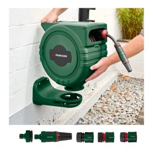   ParkSide PSA 25 D1 25m 6 bar fali automata tömlődob, falra szerelhető tömlőtároló, tömlődoboz 25 méter 1/2" locsolótömlővel és állítható szórófejjel 