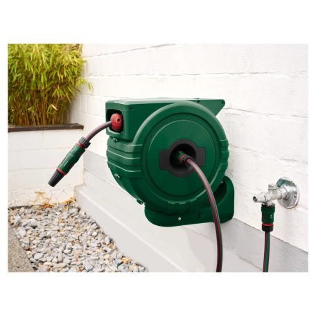 ParkSide PSA 25 D1 25m 6 bar fali automata tömlődob, falra szerelhető tömlőtároló, tömlődoboz 25 méter 1/2" locsolótömlővel és állítható szórófejjel 