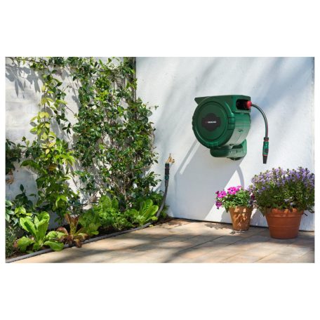 ParkSide PSA 25 D1 25m 6 bar fali automata tömlődob, falra szerelhető tömlőtároló, tömlődoboz 25 méter 1/2" locsolótömlővel és állítható szórófejjel 