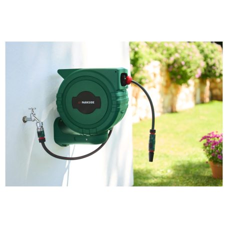ParkSide PSA 25 D1 25m 6 bar fali automata tömlődob, falra szerelhető tömlőtároló, tömlődoboz 25 méter 1/2" locsolótömlővel és állítható szórófejjel 