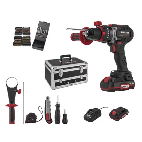 ParkSide PSBSAP 20-Li D4 XXL 98 részes alu kofferes Performance Brushless 64 Nm akkus fúró, ütvefúró készlet fém kofferben 2 akkuval, töltővel, 98 tartozékkal