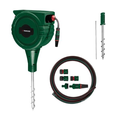 ParkSide PSGA 25 A1 25m 6 bar leszúrható automata kerti tömlődob, talajba fúrható tömlőtároló, tömlődoboz 25 méter 1/2" locsolótömlővel és állítható szórófejjel
