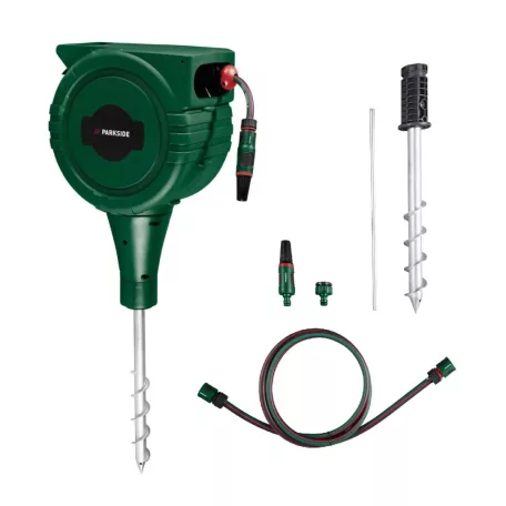 ParkSide PSGA 25 A1 25m 6 bar leszúrható automata kerti tömlődob, talajba fúrható tömlőtároló, tömlődoboz 25 méter 1/2" locsolótömlővel és állítható szórófejjel
