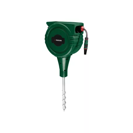ParkSide PSGA 25 A1 25m 6 bar leszúrható automata kerti tömlődob, talajba fúrható tömlőtároló, tömlődoboz 25 méter 1/2" locsolótömlővel és állítható szórófejjel