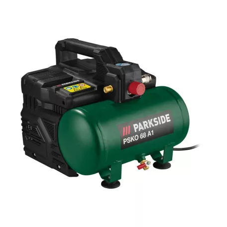 ParkSide PSKO 68 A1 csendes hordozható kompresszor, kéthengeres, olajmentes silent portable compressor, 6L 550W 8 bar 56.7 dB
