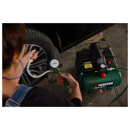 ParkSide PSKO 68 A1 csendes hordozható kompresszor, kéthengeres, olajmentes silent portable compressor, 6L 550W 8 bar 56.7 dB