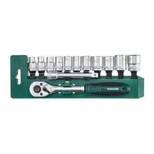   ParkSide PSS13-02 Socket Set 13 részes dugókulcs készlet 3/8" 10 mm mehajtással, racsnis kulcs + 11 db dugókulcs praktikus rendezőben, 100 mm hosszabbító szárral