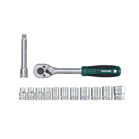 ParkSide PSS13-02 Socket Set 13 részes dugókulcs készlet 3/8" 10 mm mehajtással, racsnis kulcs + 11 db dugókulcs praktikus rendezőben, 100 mm hosszabbító szárral
