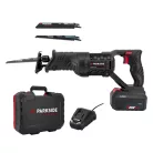 ParkSide Performance PSSAP 20-Li E5 / D5 / E6 20V 4Ah akkus kardfűrész, orrfűrész, akkumulátoros Brushless szablyafűrész 4Ah akkuval, töltővel, 22 mm lökethosszal