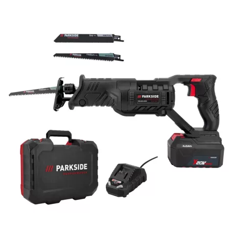 ParkSide Performance PSSAP 20-Li E5 / D5 / E6 20V 4Ah akkus kardfűrész, orrfűrész, akkumulátoros Brushless szablyafűrész 4Ah akkuval, töltővel, 22 mm lökethosszal
