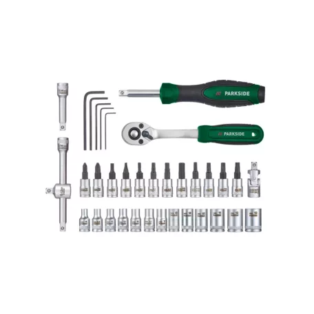 ParkSide PSSS 36 A1 36 részes 1/4" 6.3 mm racsnis dugókulcs (krova), imbuszkulcs és bitfej készlet praktikus kofferben