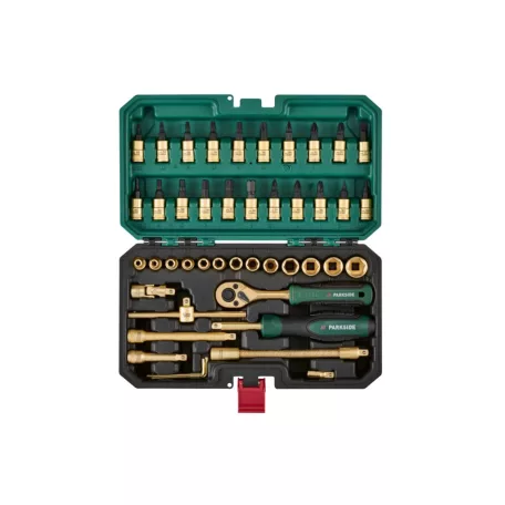ParkSide PSSS 46 A1 46 részes 1/4" racsnis dugókulcs (krova), imbuszkulcs és bitfej készlet kofferben ezüst / arany