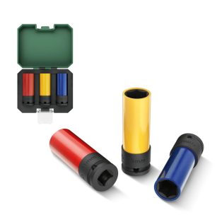   ParkSide PSS 3 A1 / A2 CR-MO 17 mm - 19 mm - 21 mm króm - molibdén acél ütvecsavarozó védőbetét, színkódolt dugókulcs betét, mélydugókulcs készlet, tároló dobozban