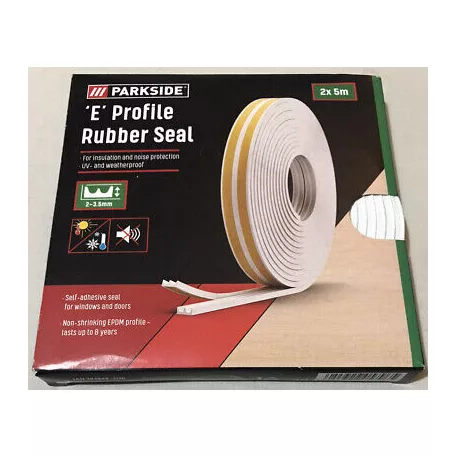 ParkSide Rubbel Seal WH "E" Profil, öntapadó gumitömítés 2 x 5 méter fehér, E profil, ajtó- és ablaktömítés 9 x 4 mm, 2 - 3.5 mm közötti hézagokhoz