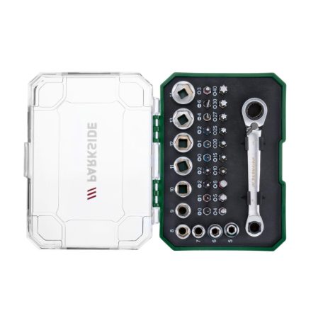 ParkSide 31 részes racsnis bitfej és dugókulcs készlet praktikus tároló dobozban (20 x 1/4" 6.3 mm bit, racsnis kulcs 10x 1/4" 6.3 mm dugókulcs)