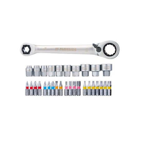 ParkSide 31 részes racsnis bitfej és dugókulcs készlet praktikus tároló dobozban (20 x 1/4" 6.3 mm bit, racsnis kulcs 10x 1/4" 6.3 mm dugókulcs)