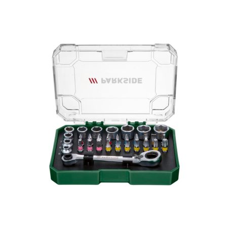 ParkSide 31 részes racsnis bitfej és dugókulcs készlet praktikus tároló dobozban (20 x 1/4" 6.3 mm bit, racsnis kulcs 10x 1/4" 6.3 mm dugókulcs)