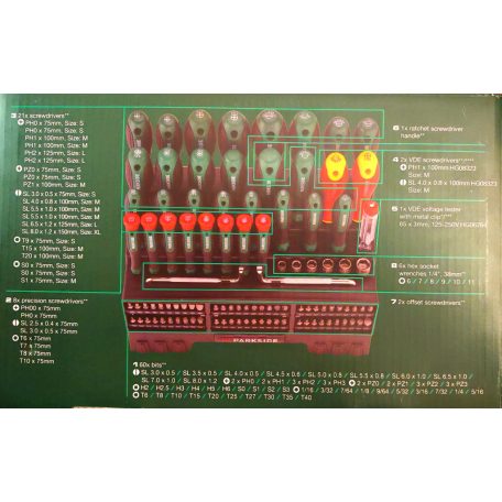 ParkSide XXL 101 darabos csavarhúzó, dugókulcs és bitfej készlet praktikus szerszámtartó rendezőben