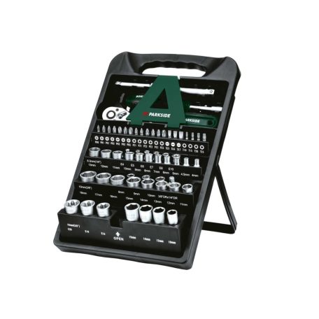 ParkSide HG-10518 Socket Set 61 részes 1/4" 6.3 mm + 3/8" 10 mm CR-V / S2 acél racsnis dugókulcskészlet (krova készlet) dugókulcs és bitfej készlet állvánnyal