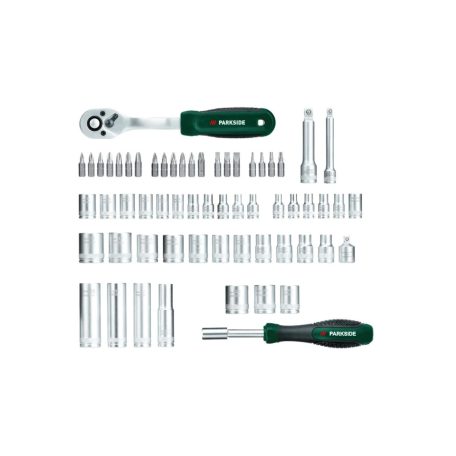 ParkSide HG-10518 Socket Set 61 részes 1/4" 6.3 mm + 3/8" 10 mm CR-V / S2 acél racsnis dugókulcskészlet (krova készlet) dugókulcs és bitfej készlet állvánnyal