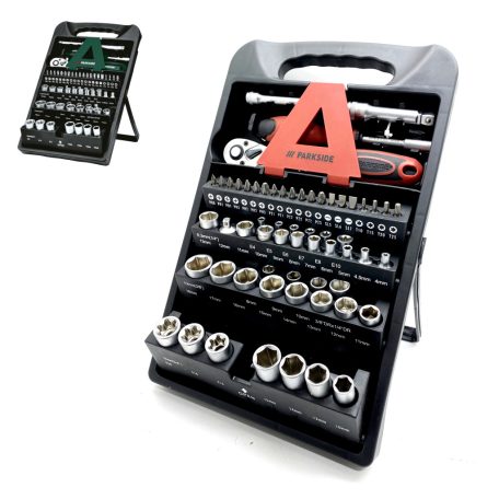 ParkSide HG-10518 Socket Set 61 részes 1/4" 6.3 mm + 3/8" 10 mm CR-V / S2 acél racsnis dugókulcskészlet (krova készlet) dugókulcs és bitfej készlet állvánnyal