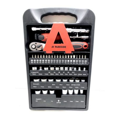 ParkSide HG-10518 Socket Set 61 részes 1/4" 6.3 mm + 3/8" 10 mm CR-V / S2 acél racsnis dugókulcskészlet (krova készlet) dugókulcs és bitfej készlet állvánnyal